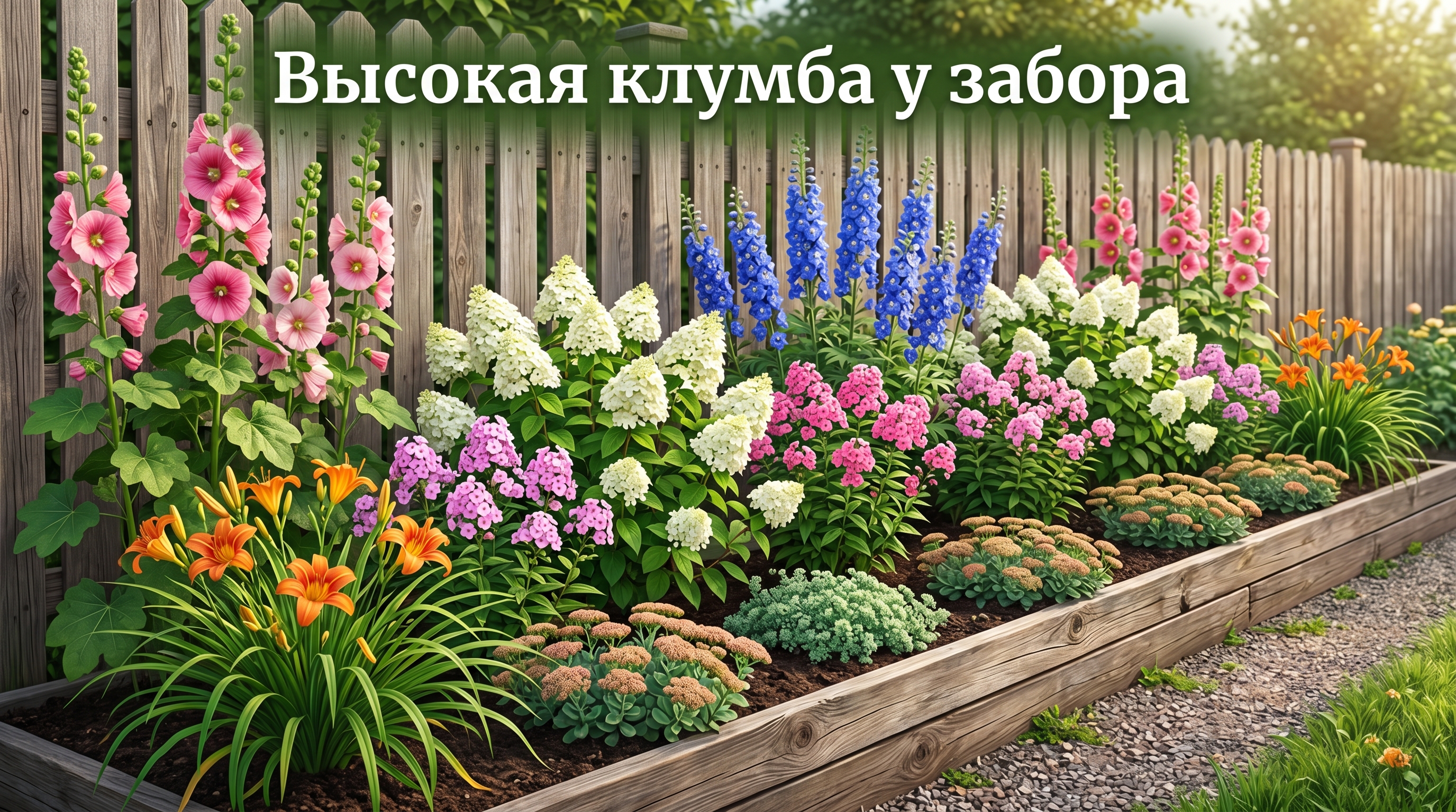 Схема высокой клумбы у забора с вертикальной ярусностью
