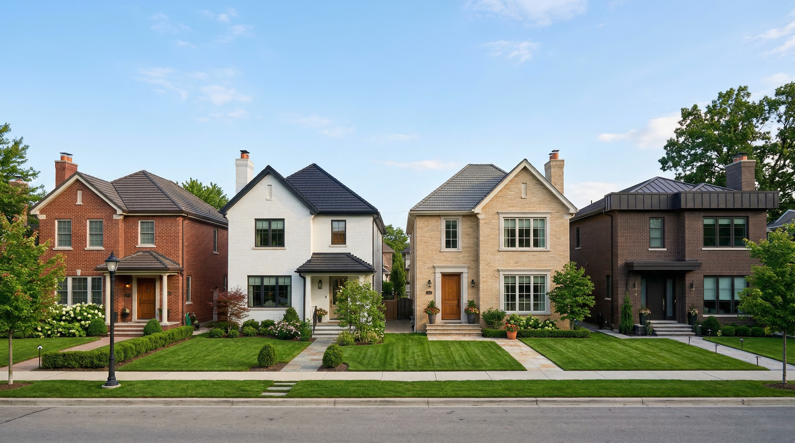 Четыре дома с разным цветом кирпичного фасада — от красного до тёмно-коричневого