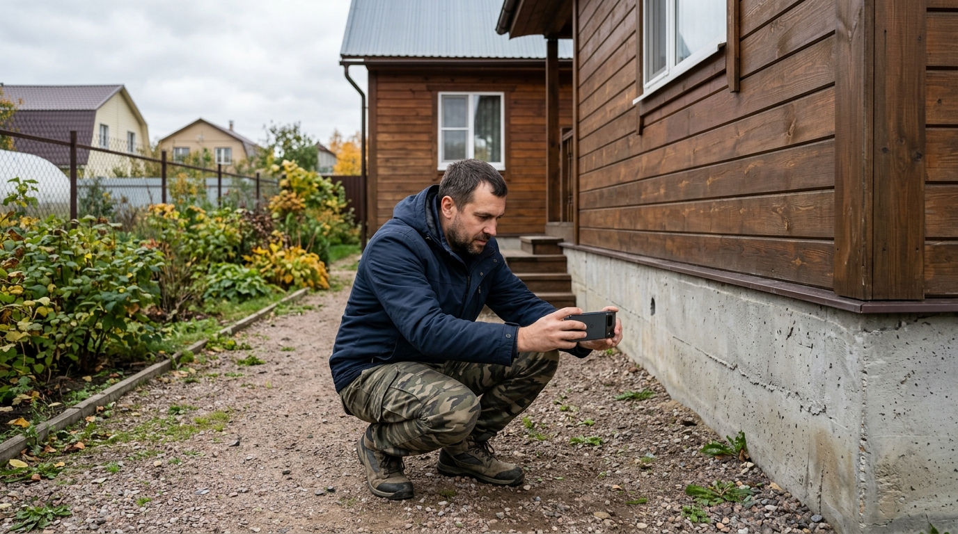 Мужчина фотографирует цоколь дома на телефон ровно и в полный кадр
