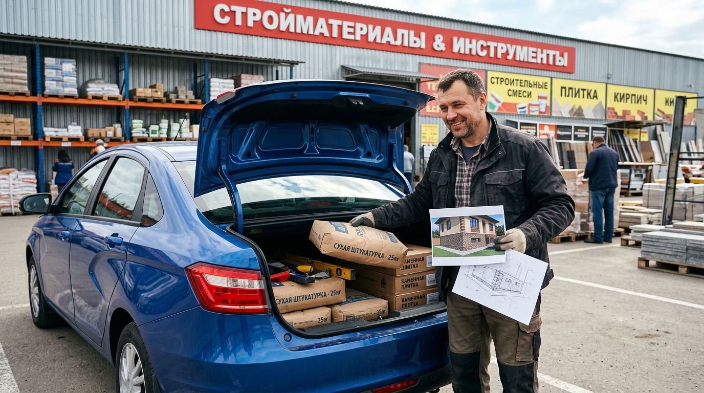 Мужчина грузит материалы для отделки цоколя в машину с распечатанным эскизом