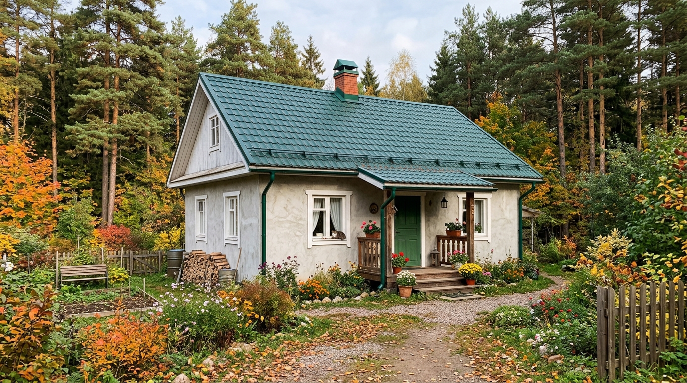 Дом с зелёной крышей среди хвойного леса