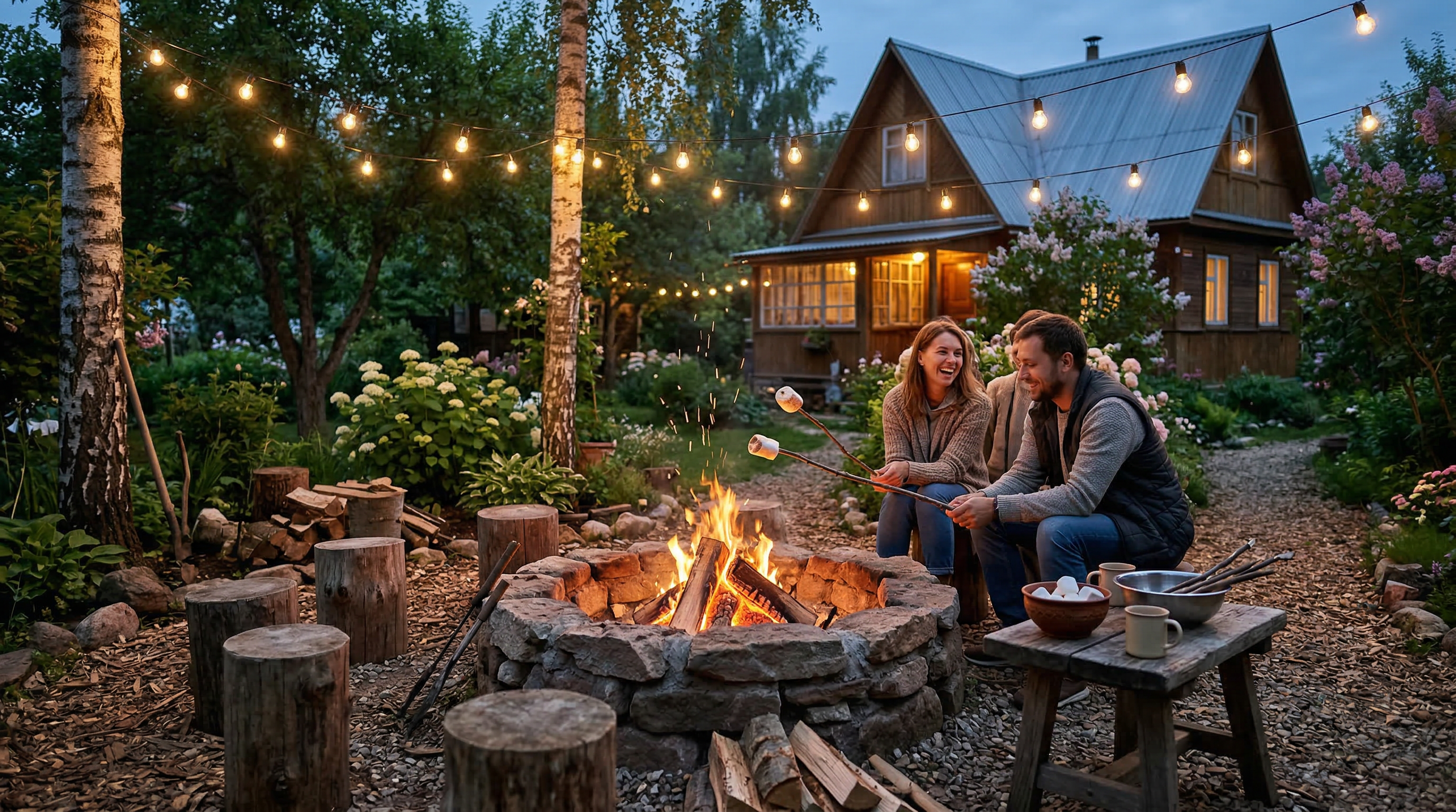 Костровая зона на даче — каменный очаг, бревенчатые сиденья и гирлянды