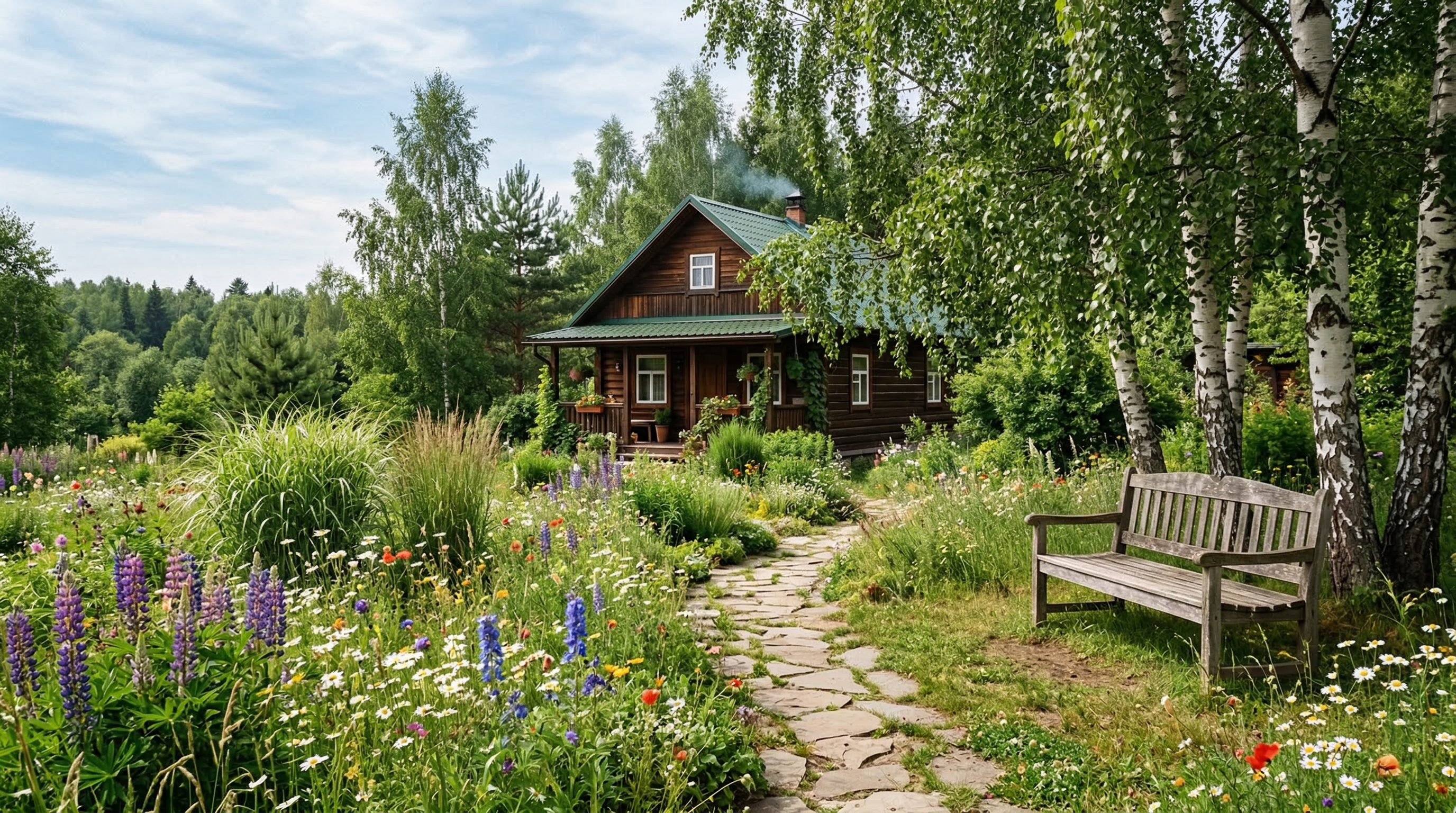 Дачный участок в природном стиле — луговые цветы, злаки и каменная тропинка