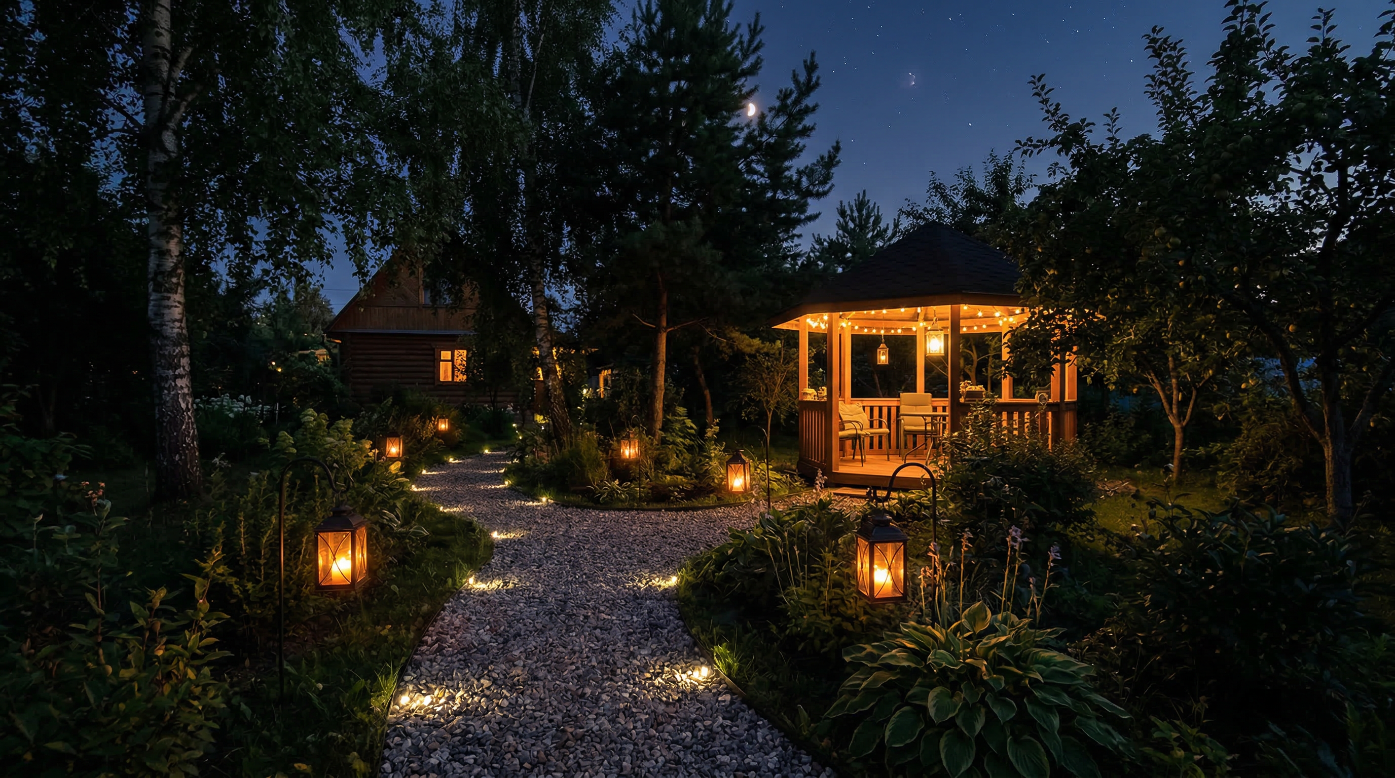 Ночное освещение дачного участка — фонари вдоль дорожек и подсветка беседки