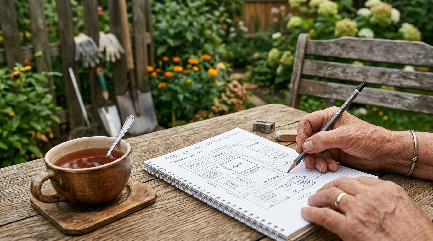 Эскиз плана дачного участка карандашом на тетрадном листе