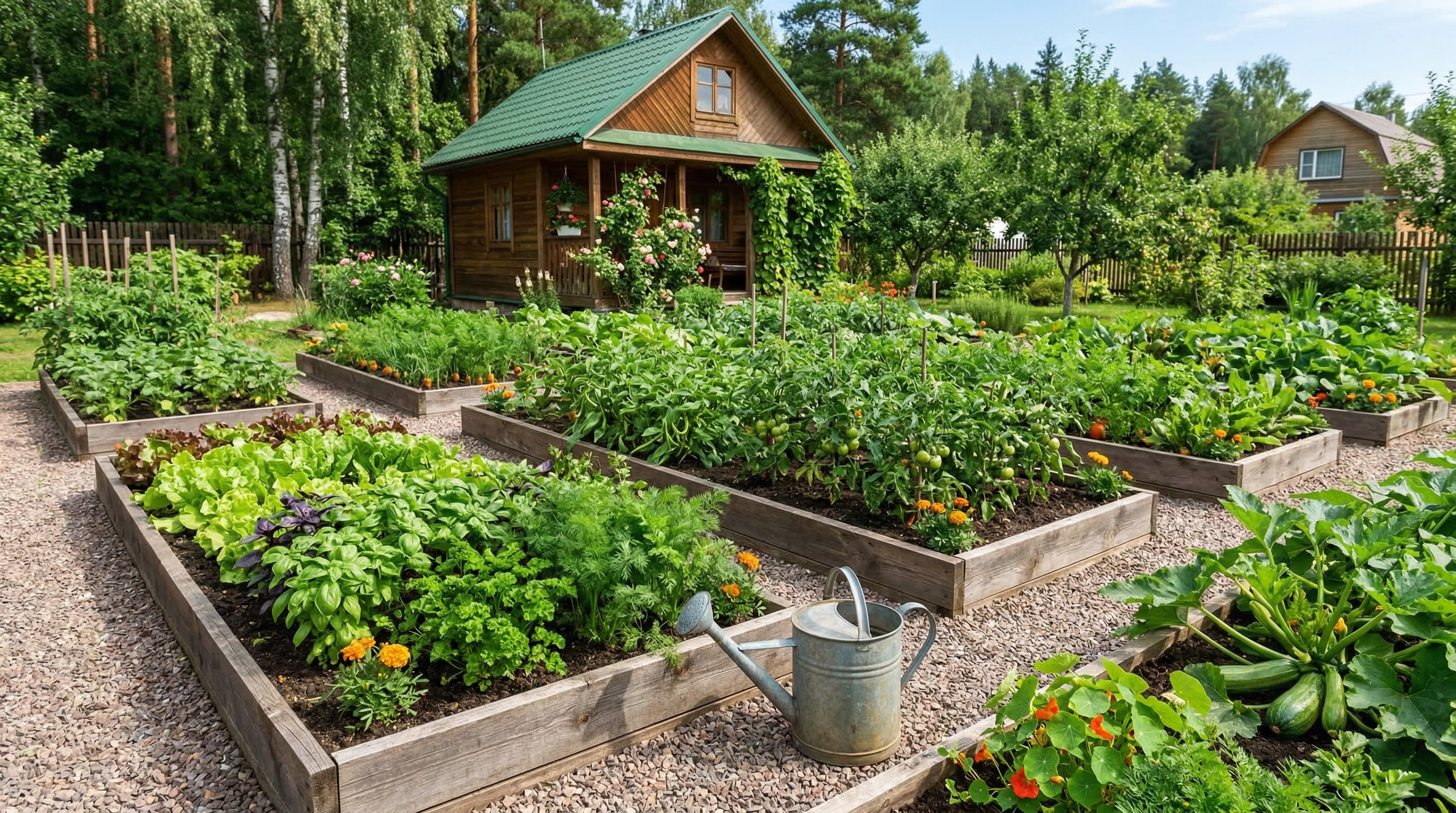 Высокие грядки из досок с овощами и травами