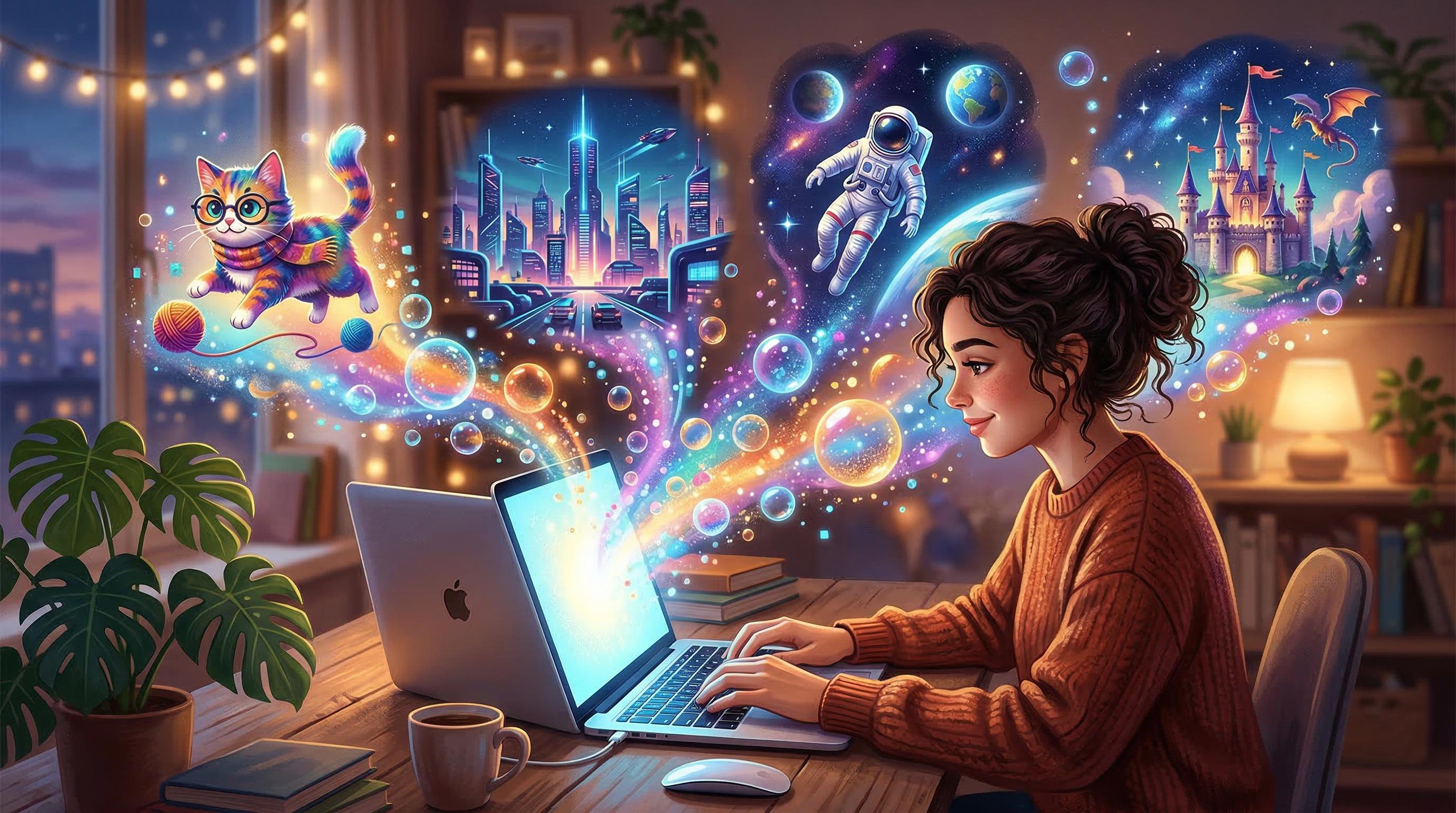 Концепция промпт-инжиниринга — из ноутбука вылетают AI-сгенерированные изображения