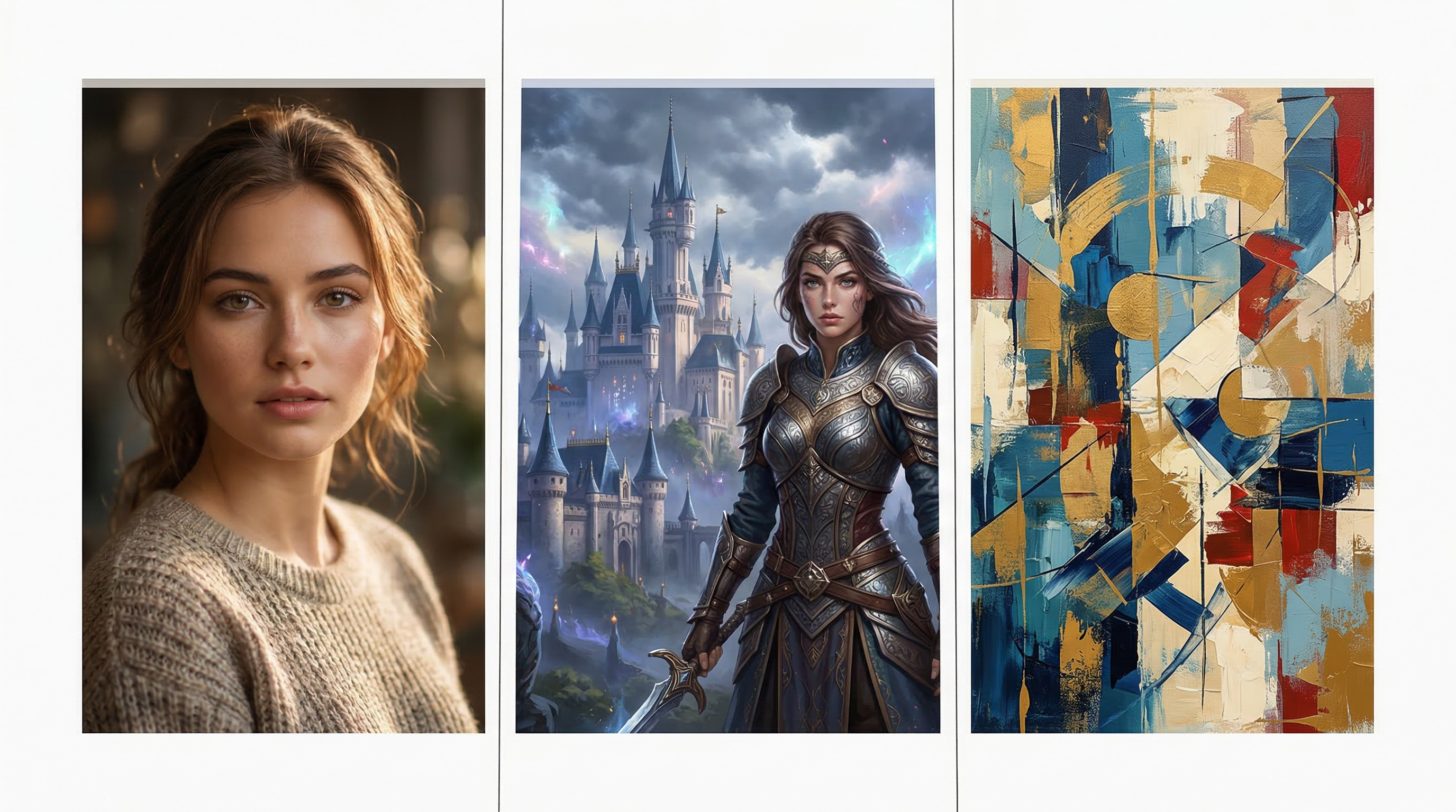 Сравнение AI-генерации: три стиля — фотореализм, фэнтези, абстрактное искусство