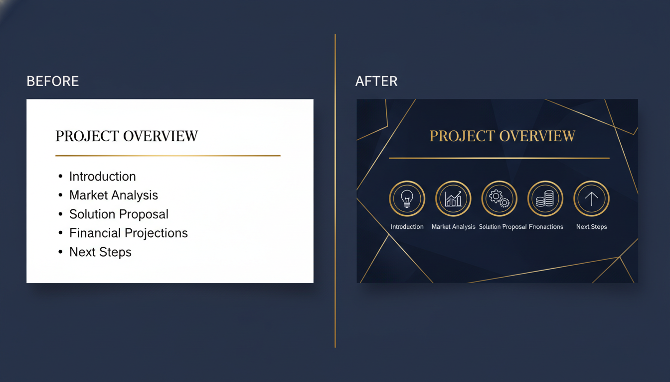 Сравнение презентации до и после применения dark style: обычный белый слайд и элегантный тёмный