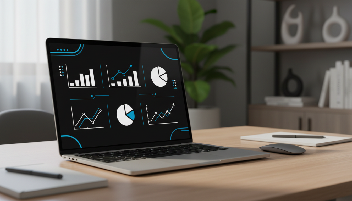 Пример тёмной корпоративной презентации на экране ноутбука — графики и диаграммы на чёрном фоне