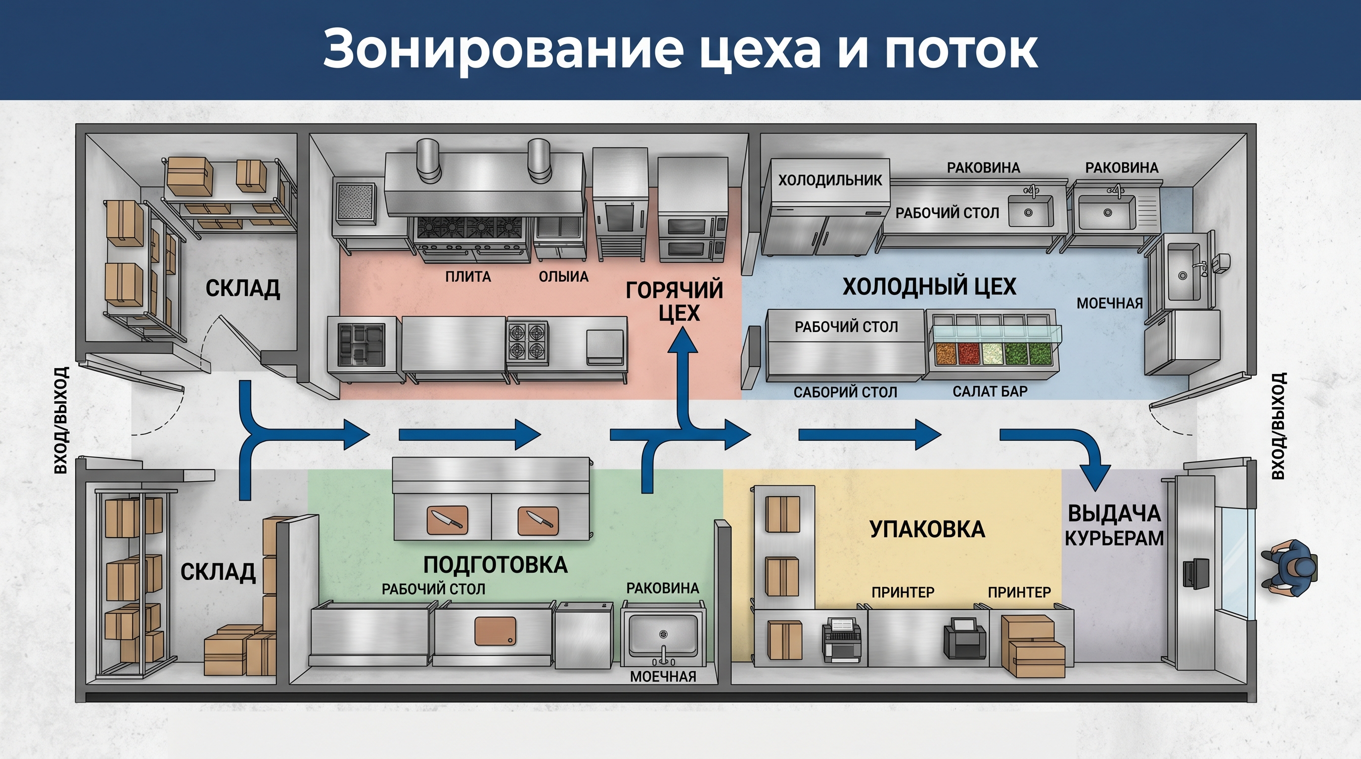 Схема зонирования цеха дарк-китчен с потоком сырья от склада к выдаче курьерам