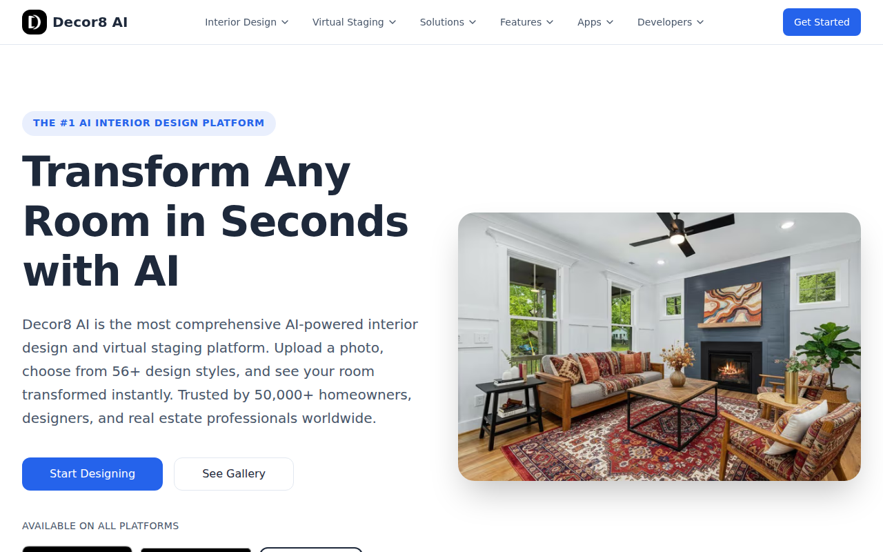 Скриншот Decor8 AI — недорогой AI-сервис визуализации с виртуальным стейджингом