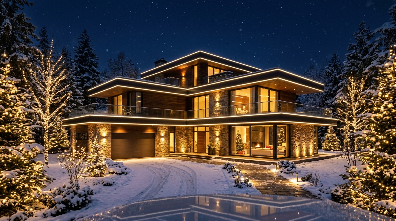 Дом с контурной LED-подсветкой и декоративным праздничным освещением