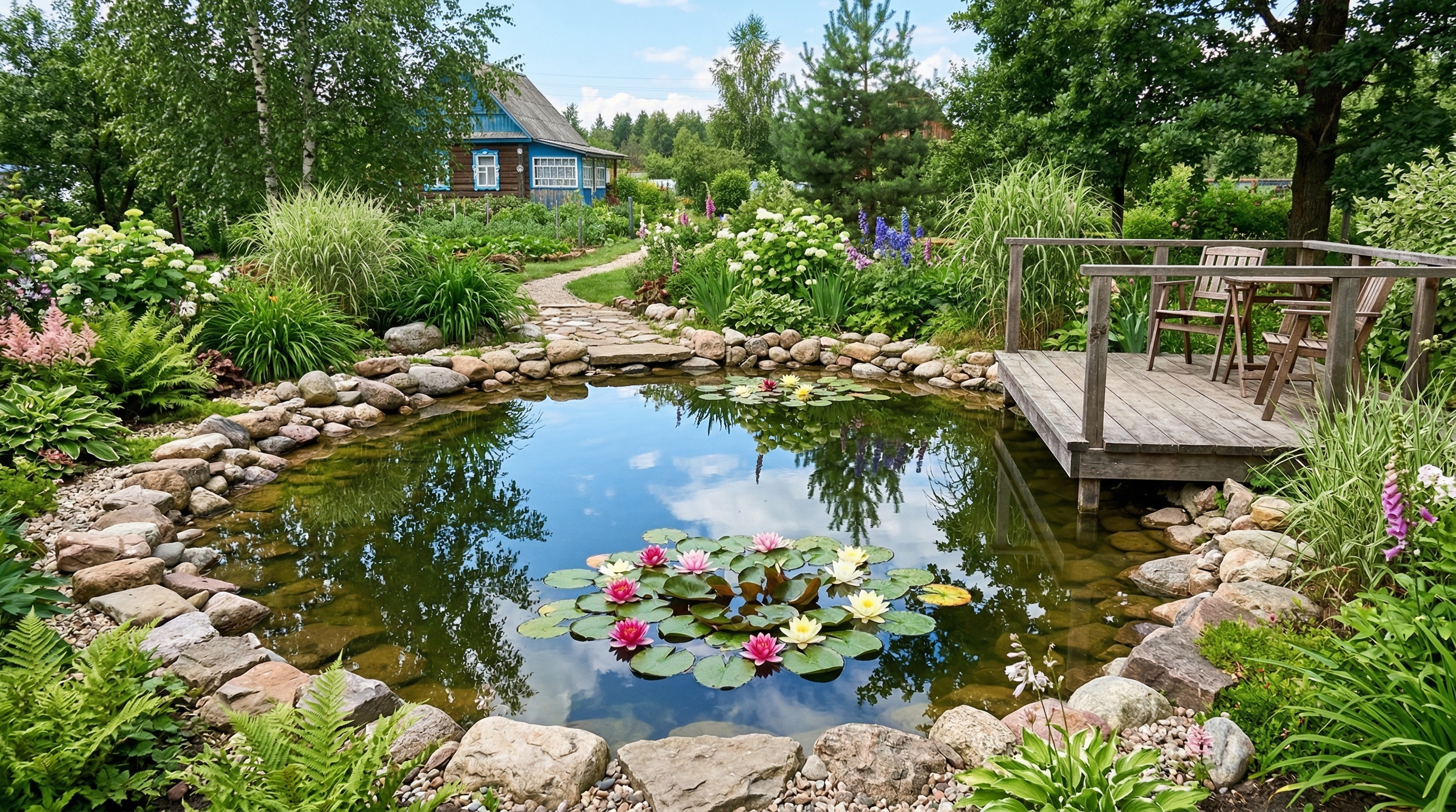 Декоративный садовый пруд с кувшинками и каменными берегами