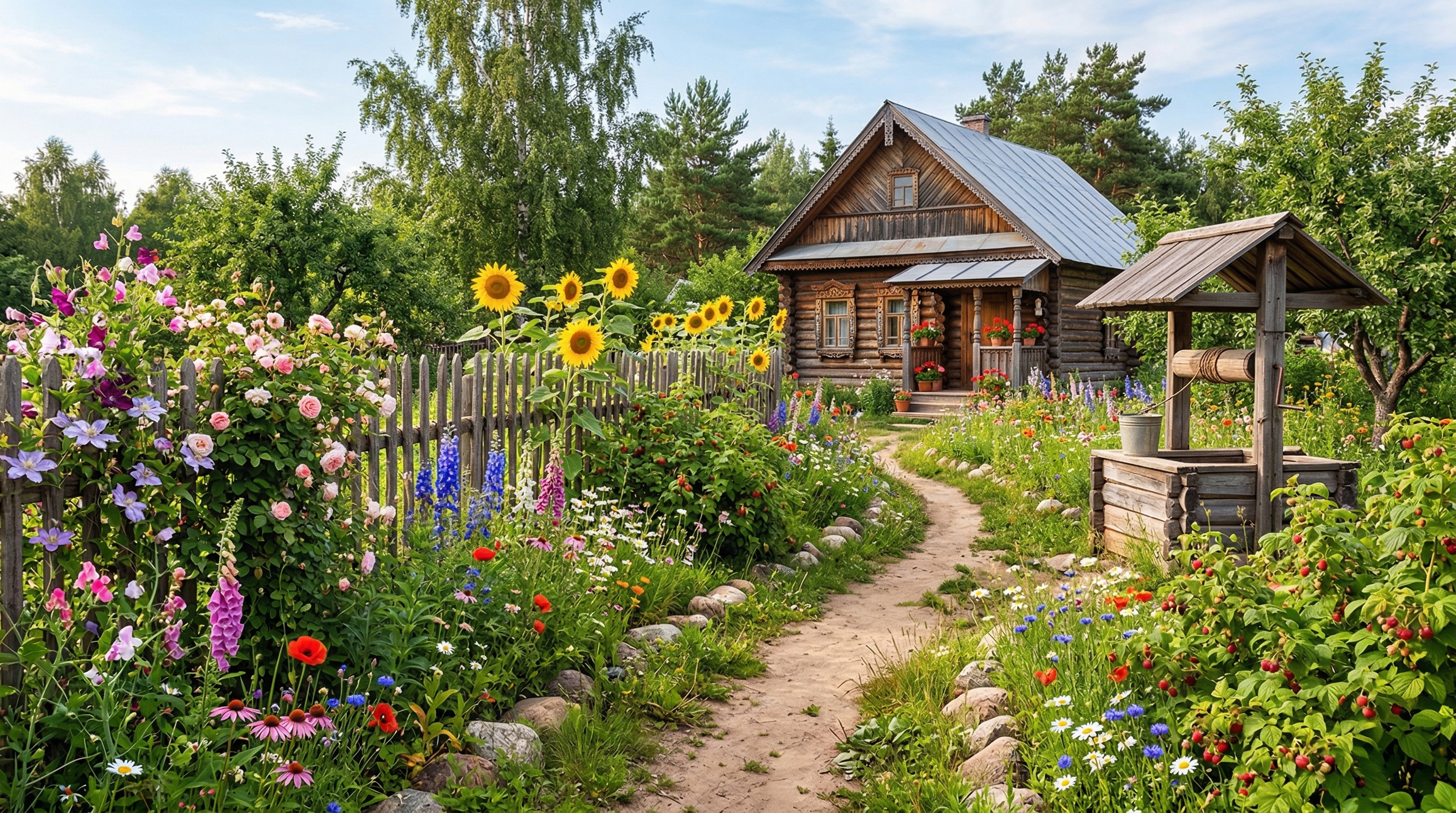 Деревенский сад с подсолнухами, деревянным забором и извилистой тропинкой