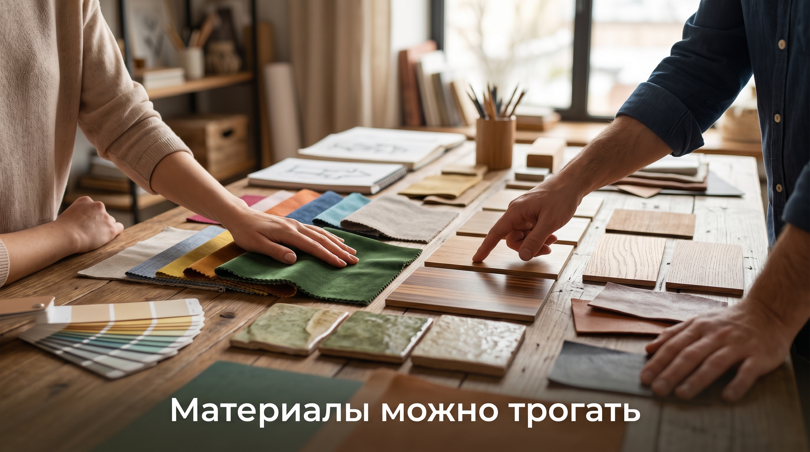 Тактильные семплы материалов — ткани, дерево, плитка, краска