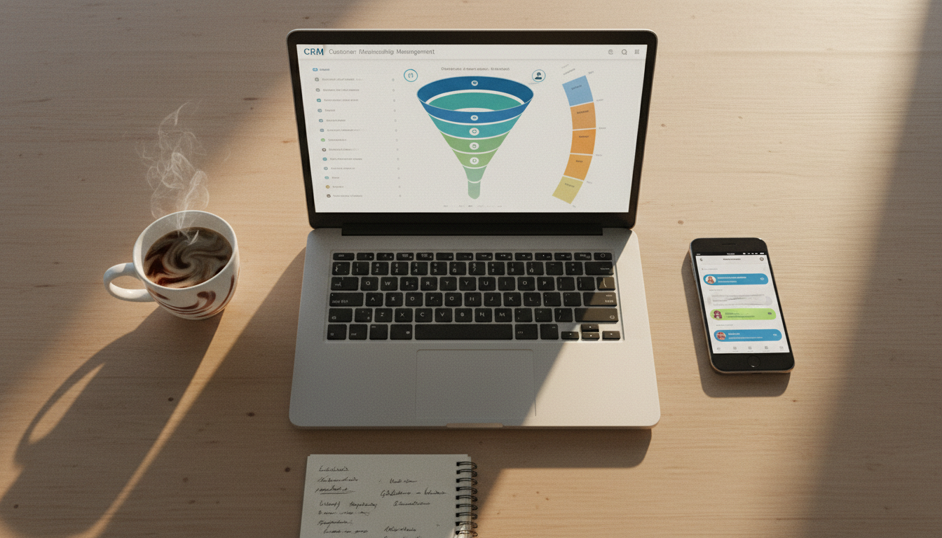 Рабочий стол менеджера: ноутбук с CRM-воронкой и смартфон с мессенджером
