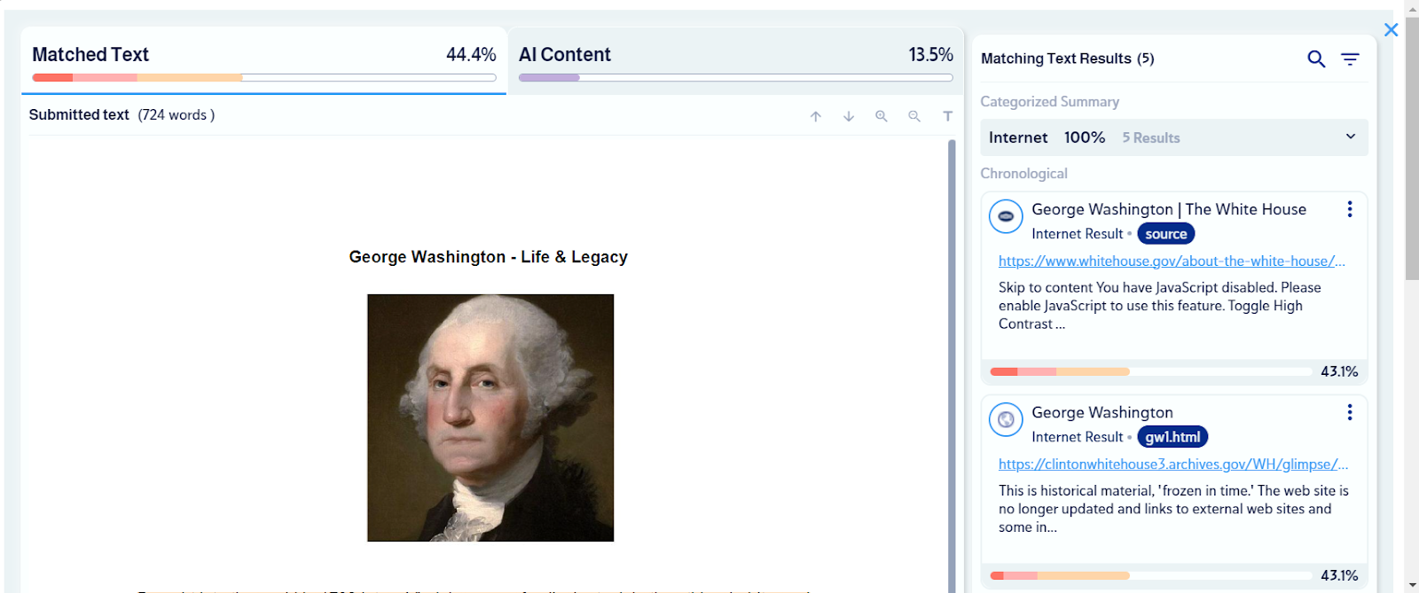Интерфейс Copyleaks с показателями AI Content и Matched Text для эссе про Джорджа Вашингтона
