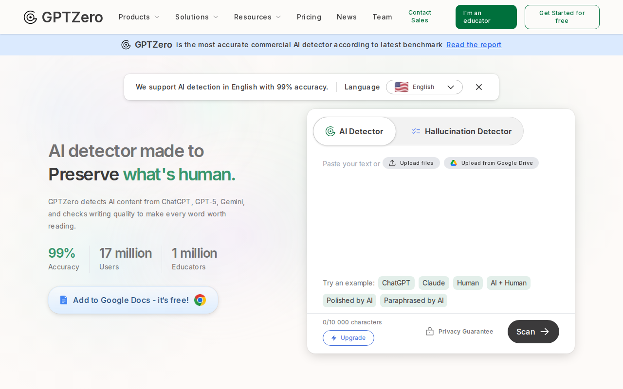 Скриншот главной страницы GPTZero — AI Detector с полем для вставки текста