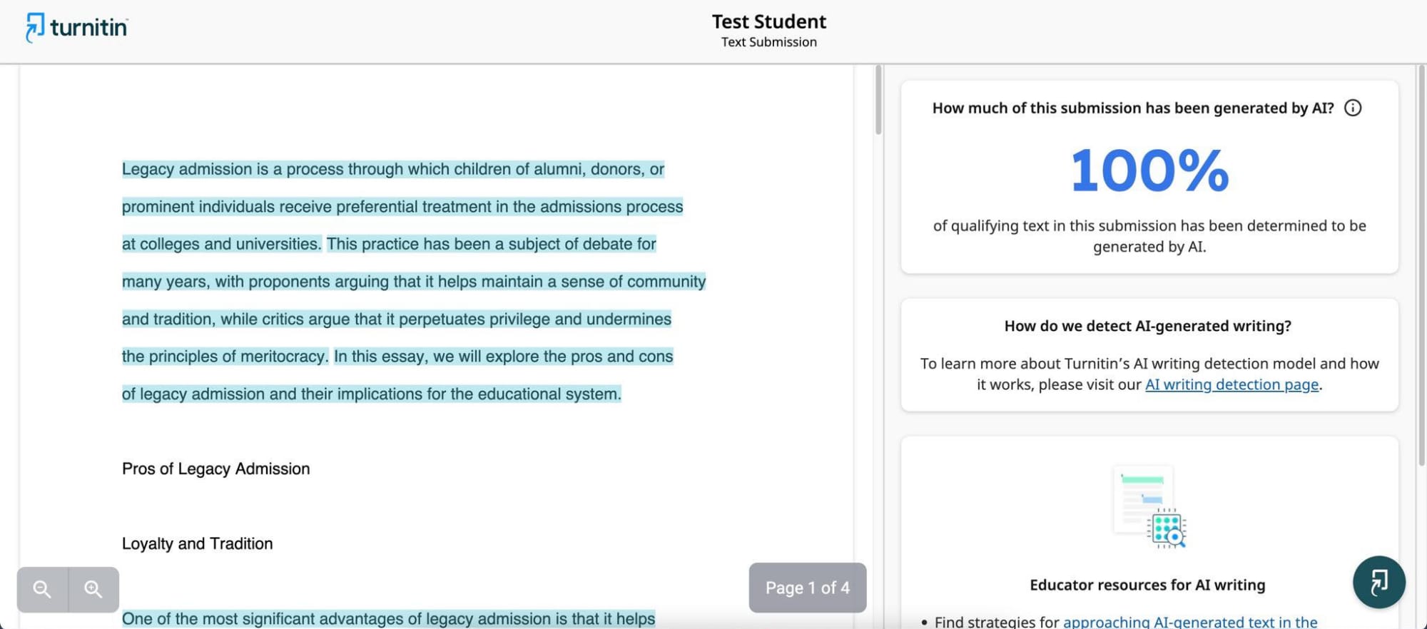 Интерфейс Turnitin AI Detection с выделением текста и показателем 100% AI
