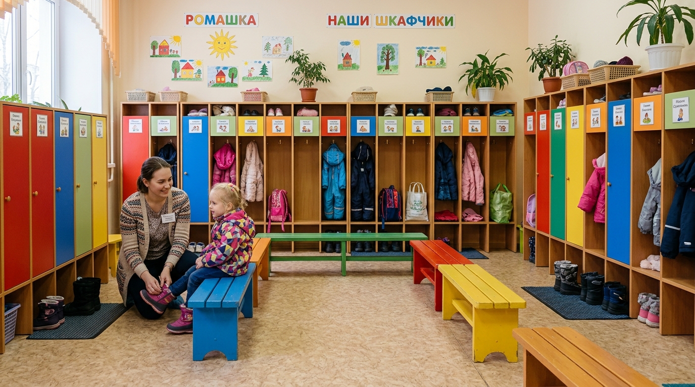Приёмная детского сада с цветными шкафчиками и скамейками