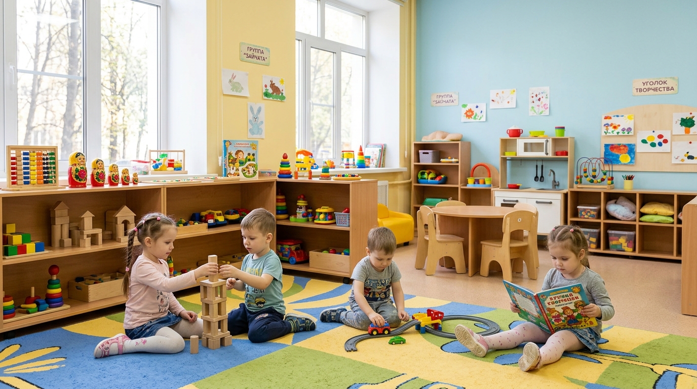 Игровая комната детского сада с низкими открытыми стеллажами и мягким ковром