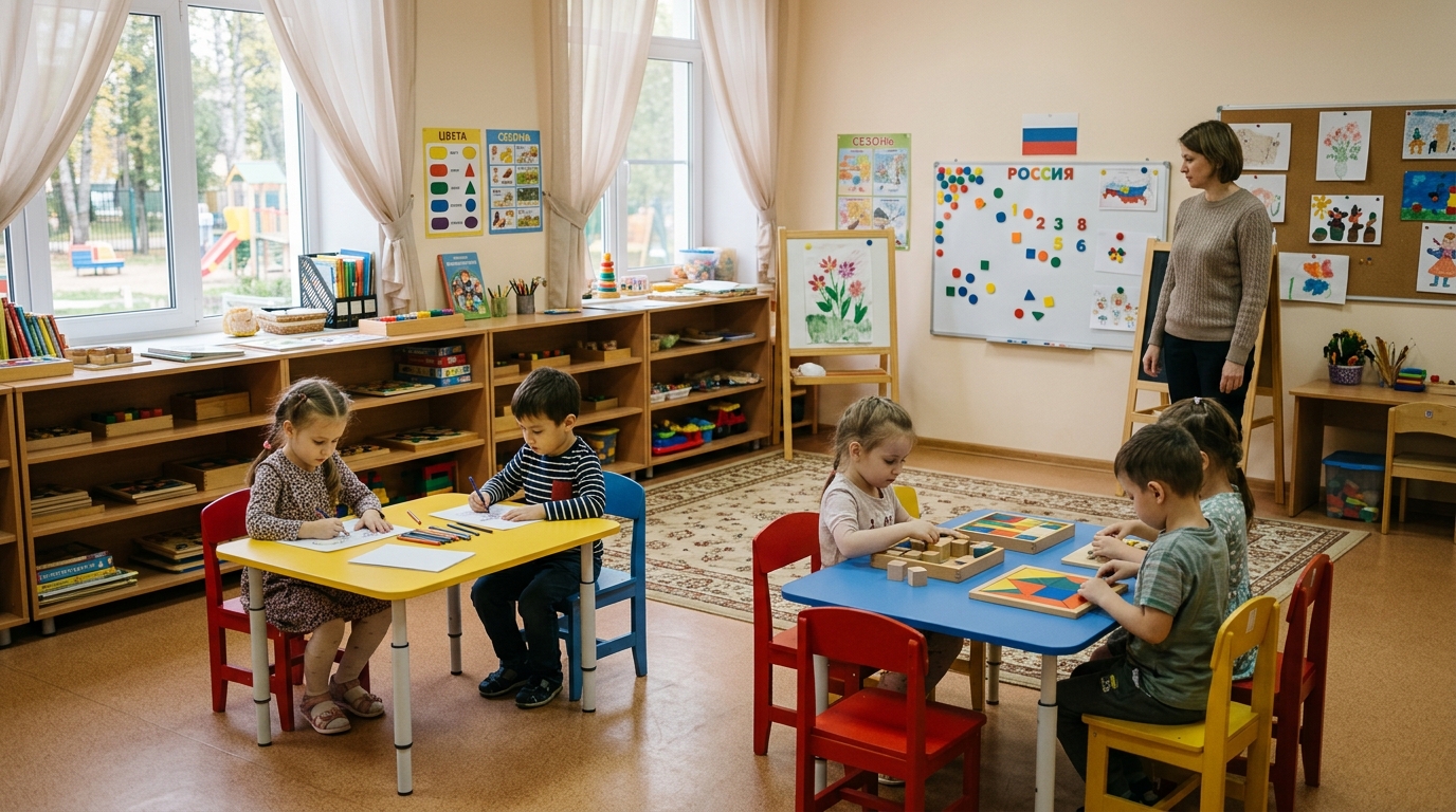 Учебная зона детского сада: низкие столы для занятий, магнитная доска, хорошее освещение