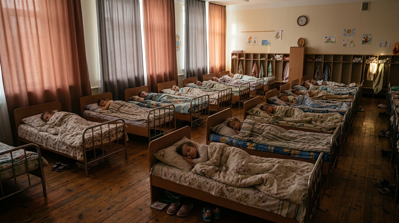 Спальня детского сада: ряды низких кроваток, приглушённый свет, спокойные тона