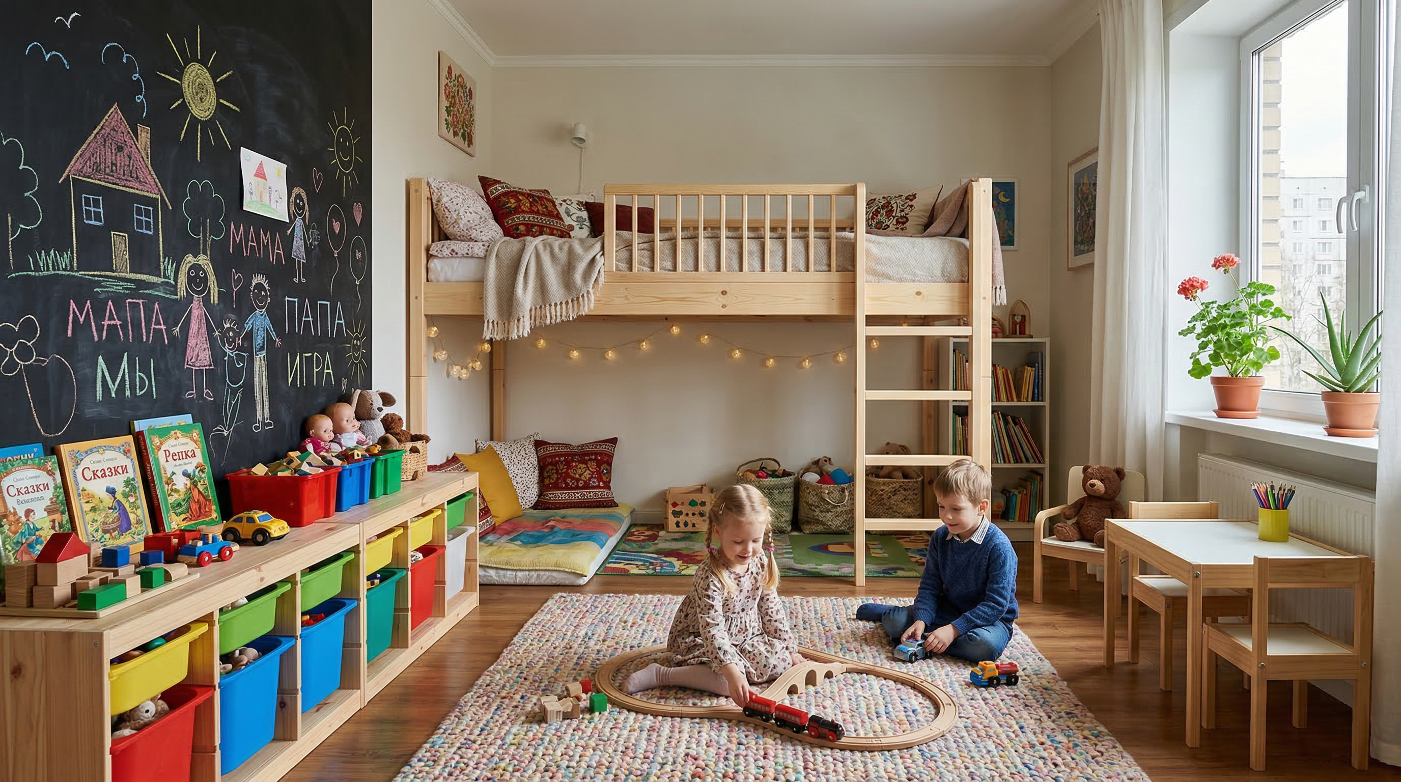 Детская для ребёнка 3–7 лет — кровать-чердак с игровой зоной, грифельная стена и корзины для игрушек