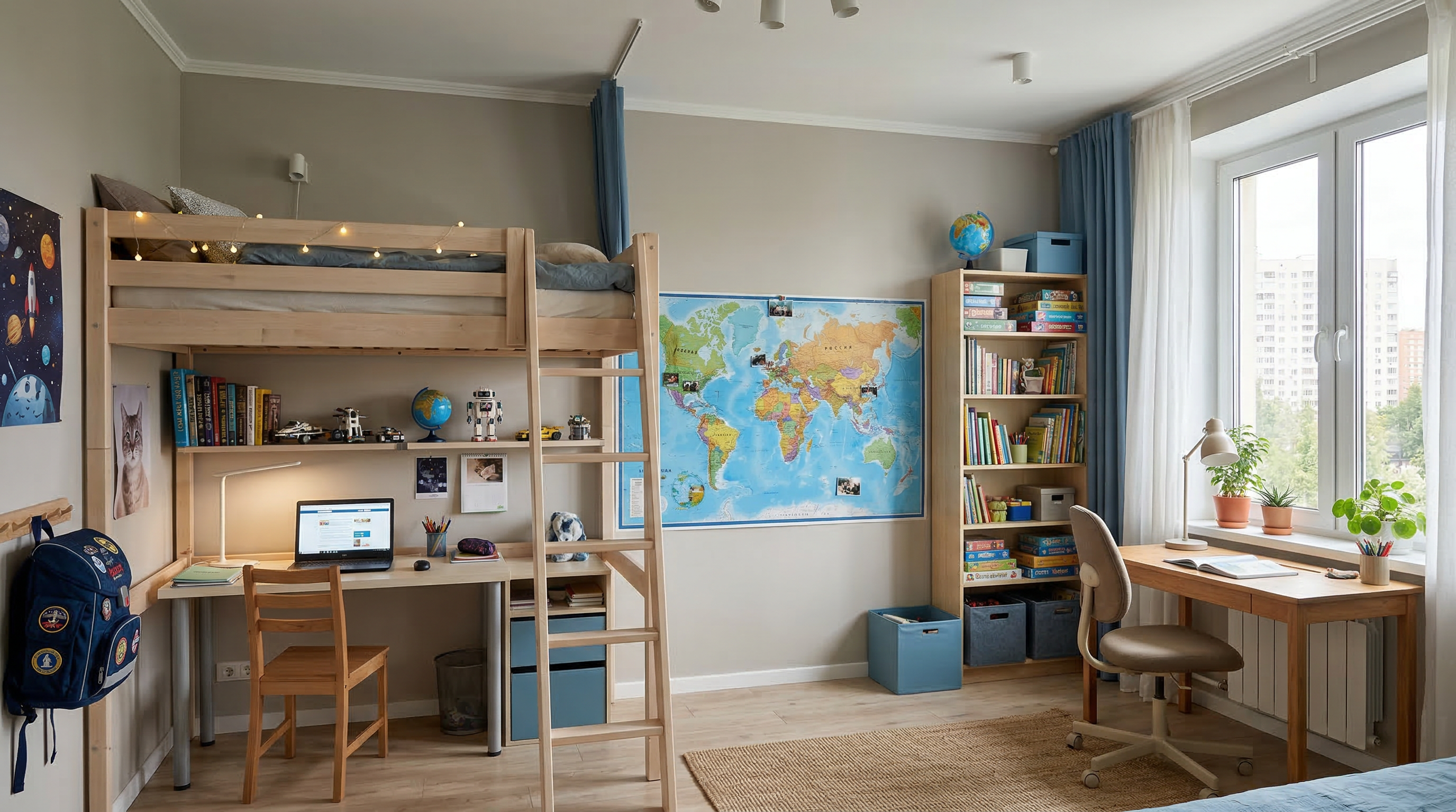 Детская для школьника — кровать-чердак с рабочим столом внизу, книжные полки