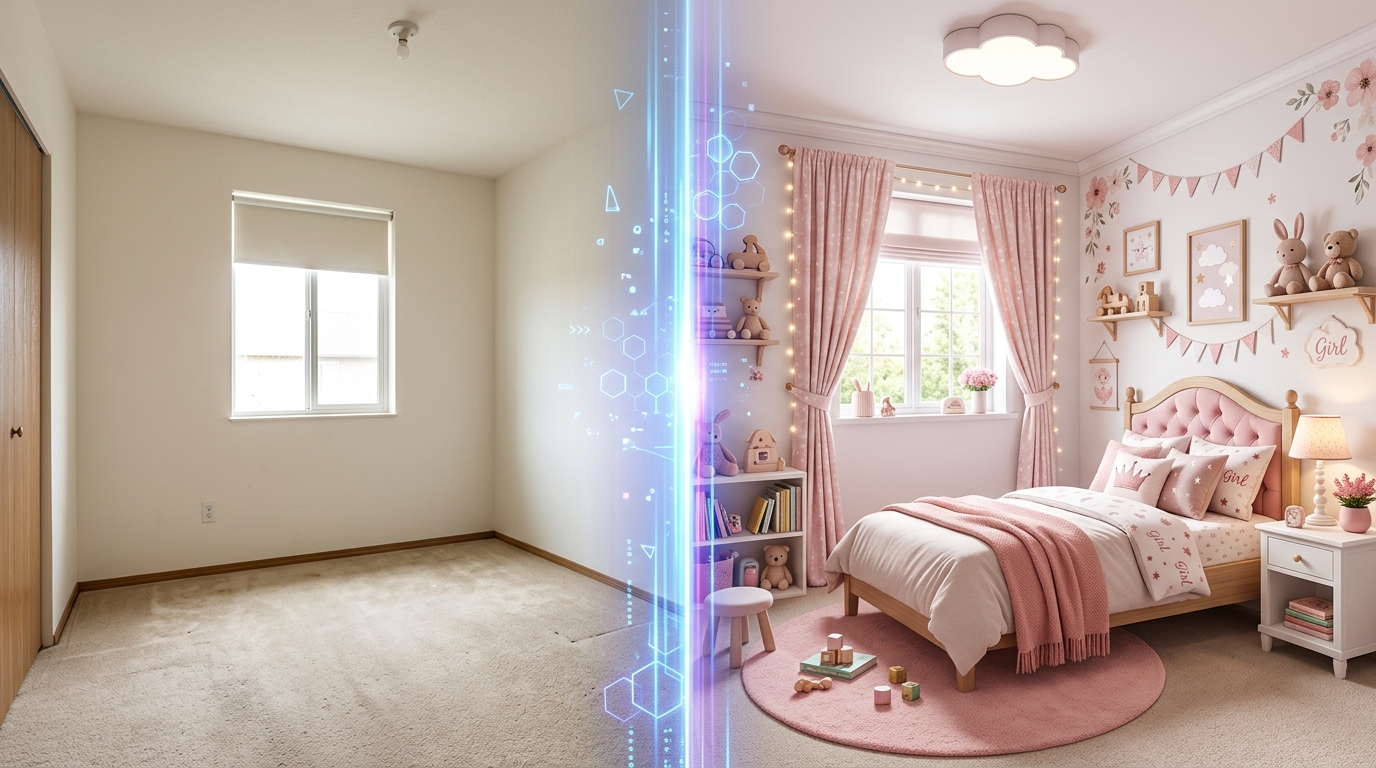 Визуализация до и после — из пустой комнаты в уютную детскую с помощью ИИ