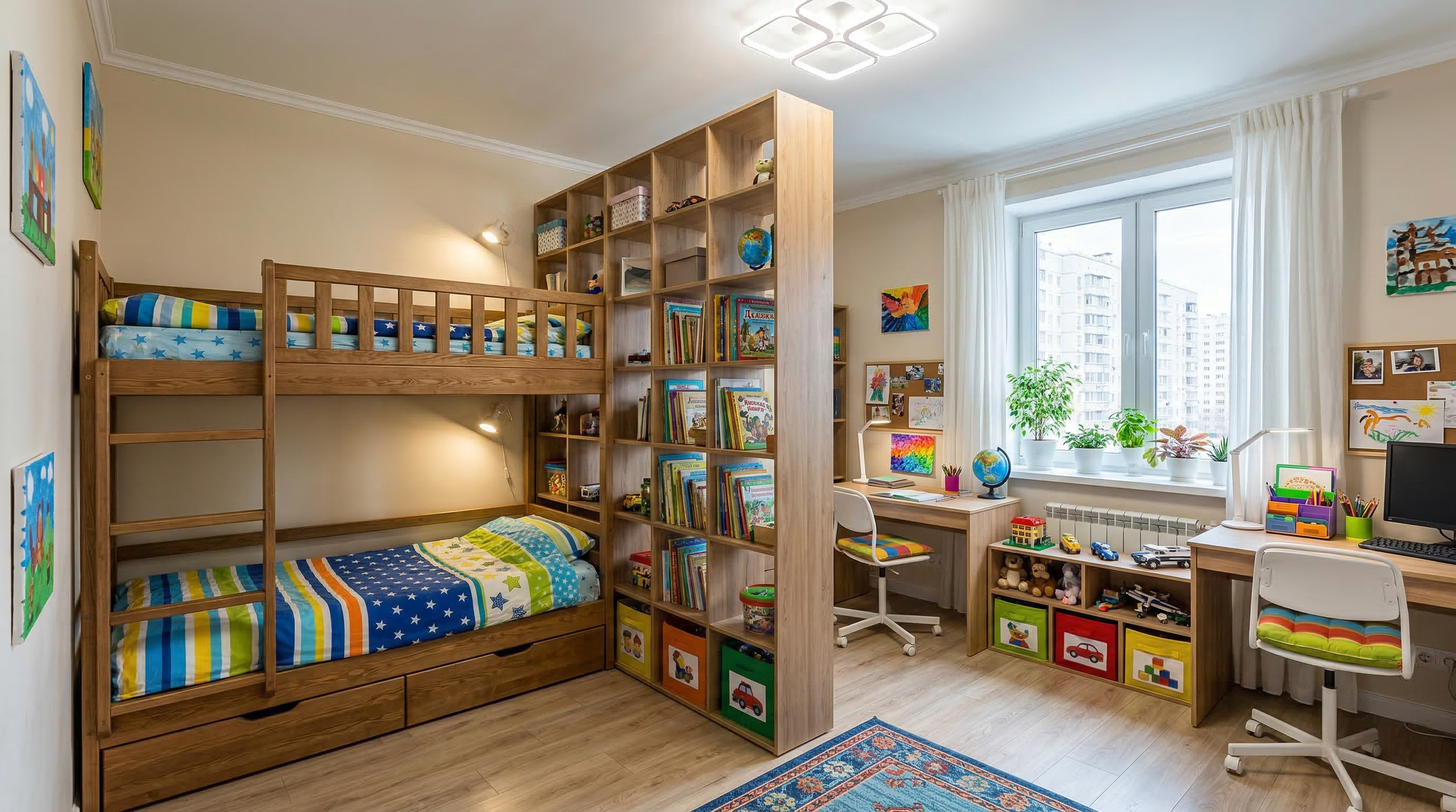 Детская для двоих детей — двухъярусная кровать и два рабочих места
