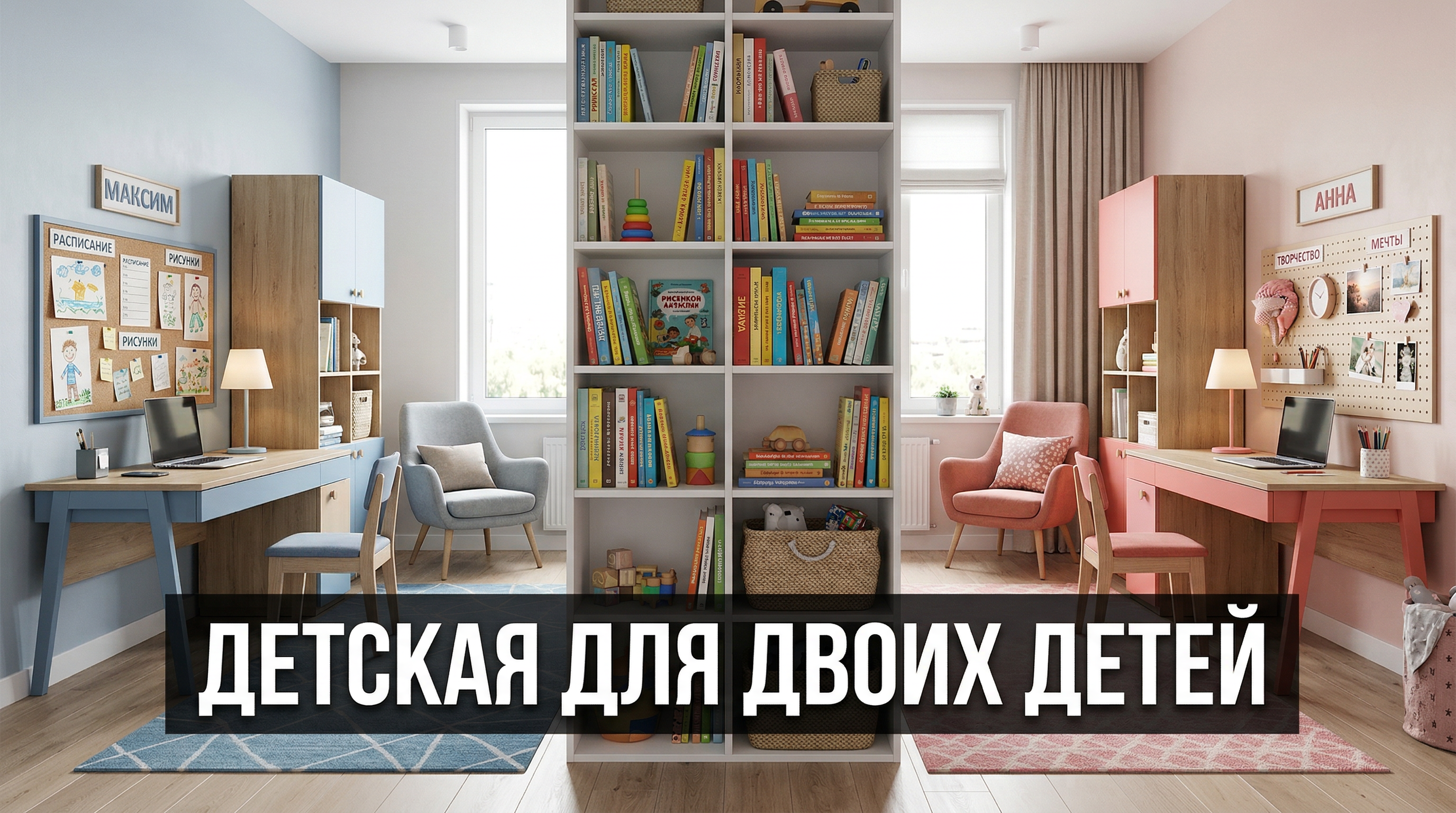 Детская комната для двоих детей, разделённая стеллажом на две зоны — голубую и розовую