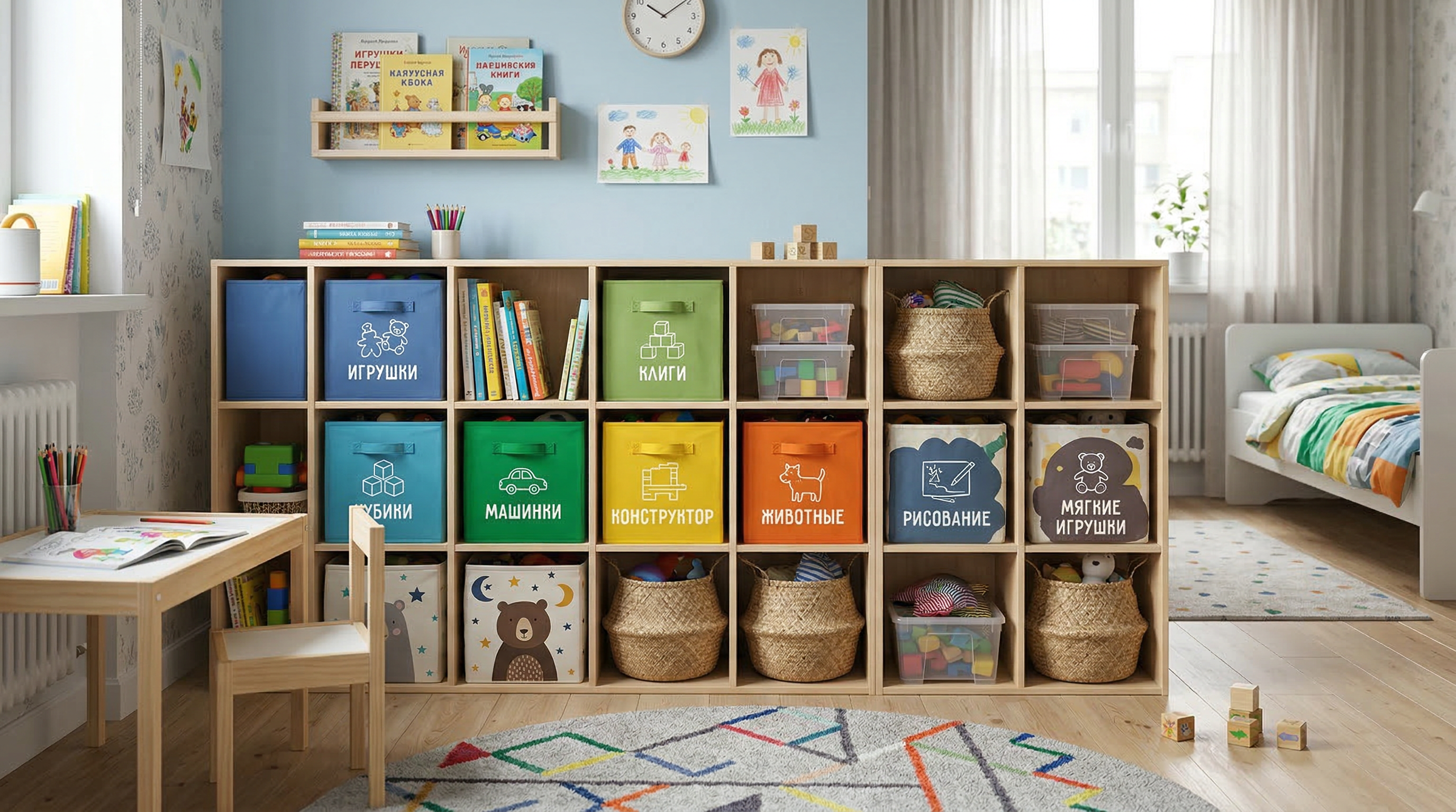 Система хранения игрушек — открытые полки с цветными корзинами на высоте ребёнка