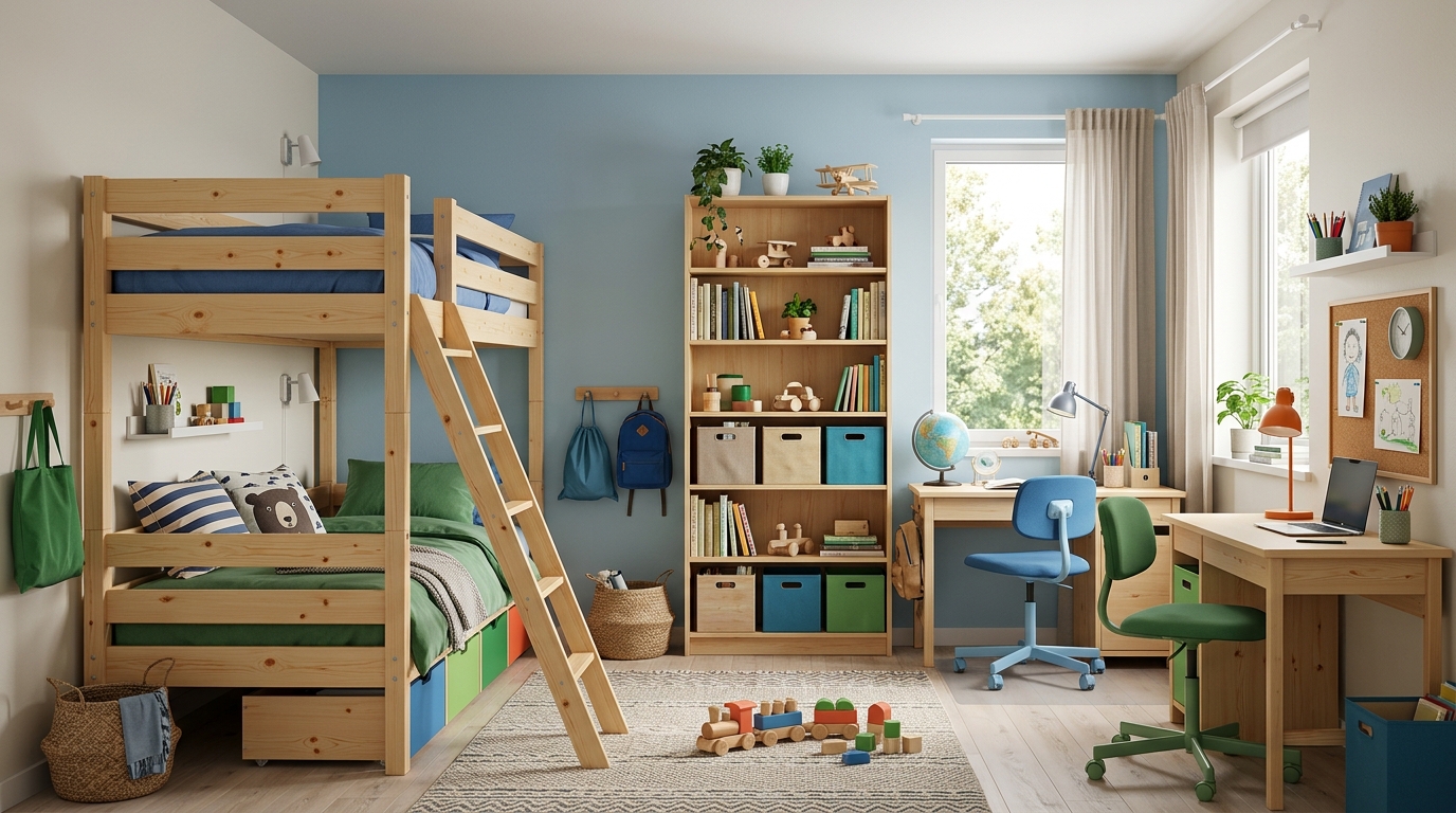 Детская для двоих мальчиков с двухъярусной кроватью и двумя рабочими столами