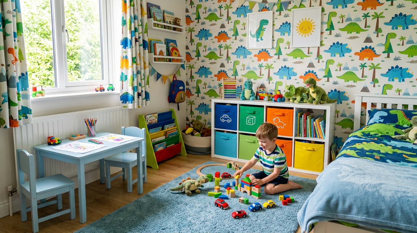 Яркая детская для дошкольника с игровой зоной и обоями с динозаврами