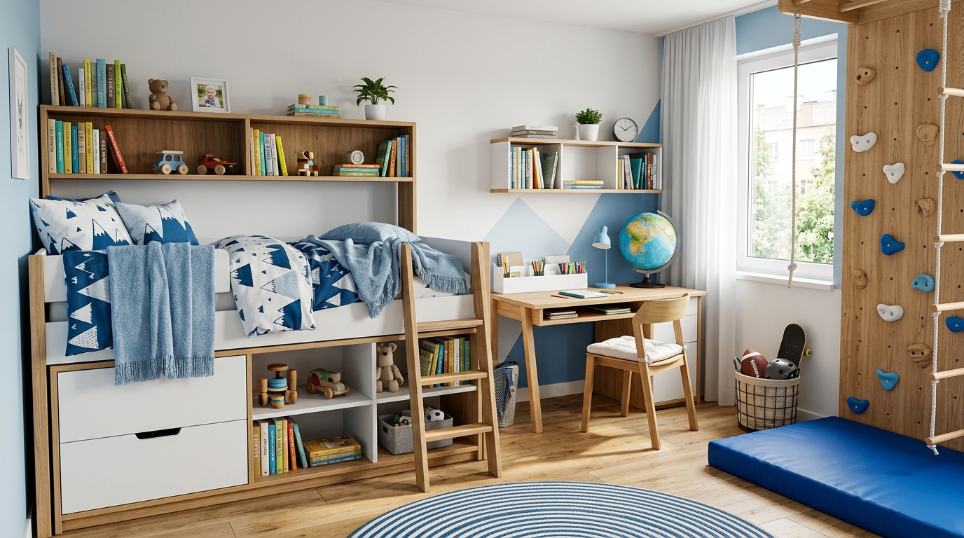 Функциональная детская для школьника 7-10 лет с рабочим столом и спортивным уголком