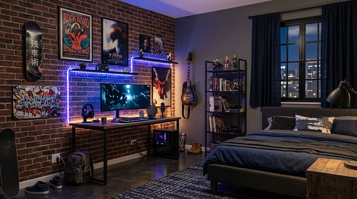 Комната подростка в стиле лофт с кирпичной стеной, gaming-зоной и гитарой
