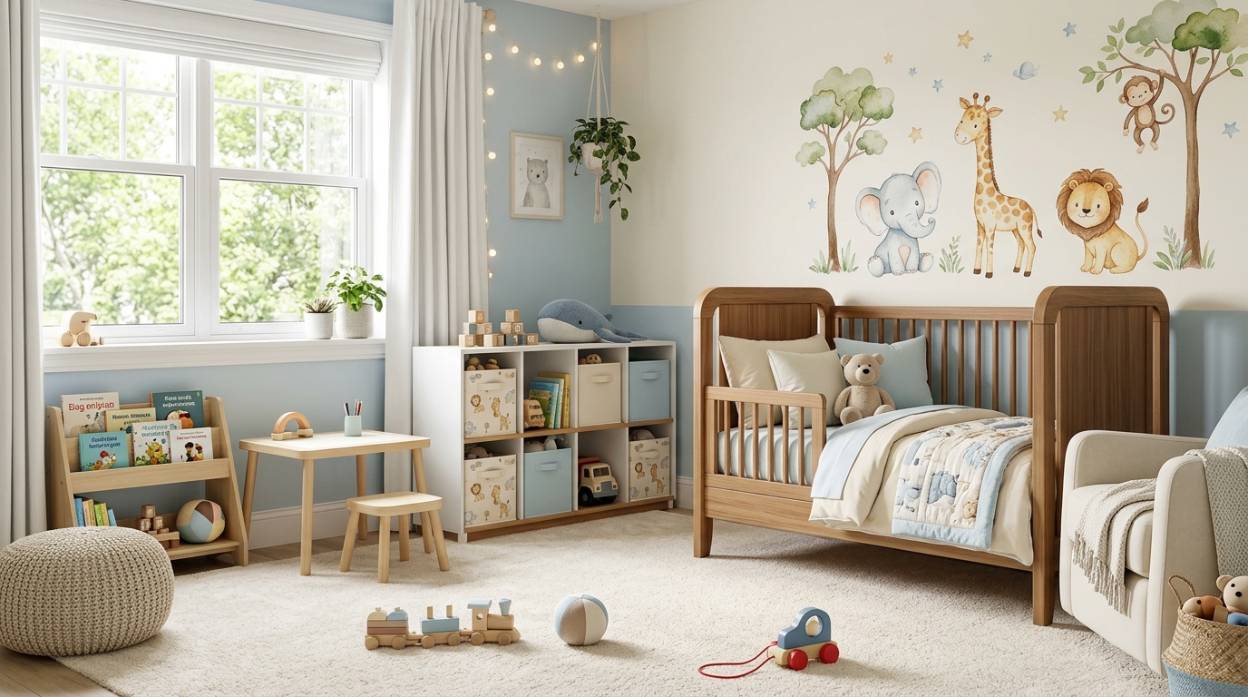 Детская комната для малыша 1-3 лет с пастельной гаммой и наклейками с животными