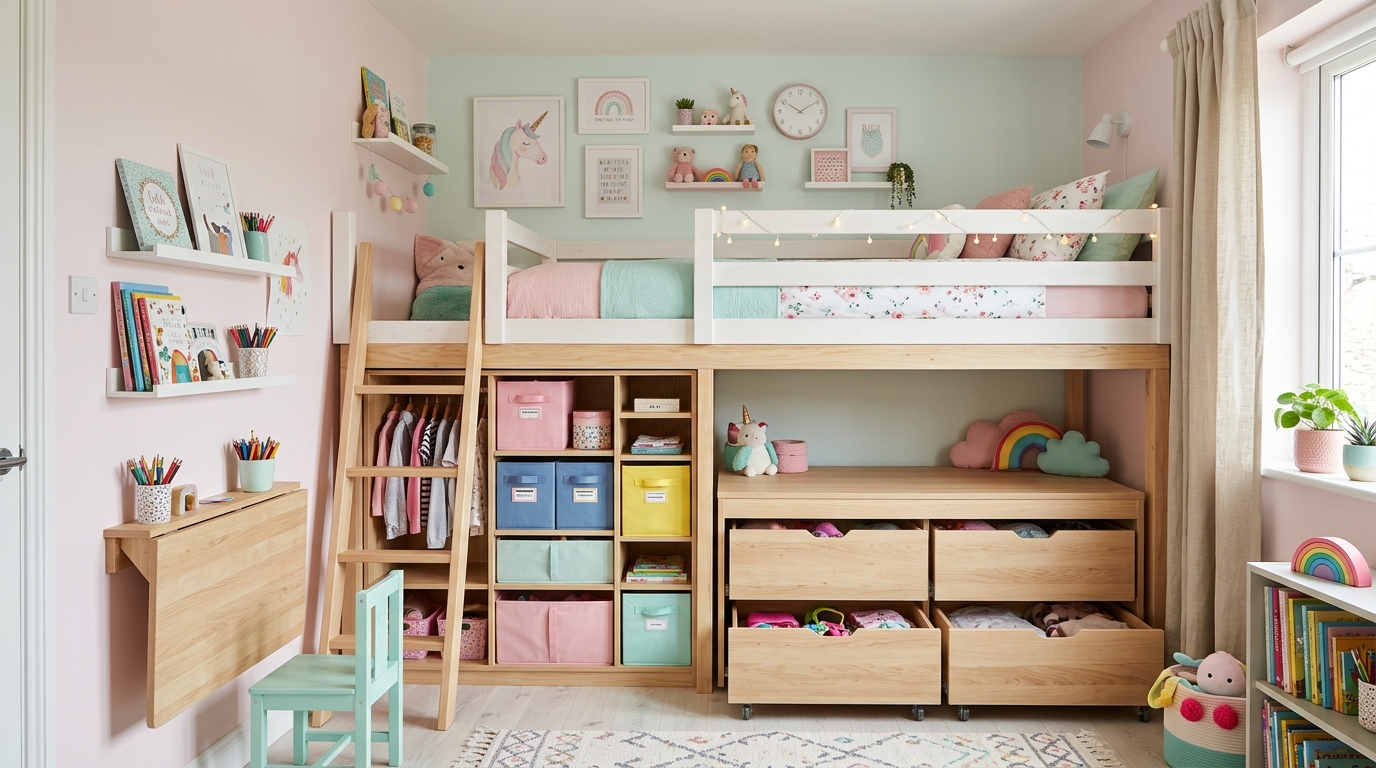 Маленькая детская с кроватью-чердаком и системой хранения под ней