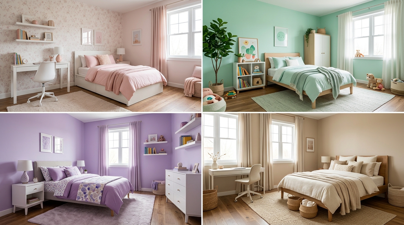 Четыре варианта цветовых решений для детской: розовый, мятный, лавандовый и бежевый