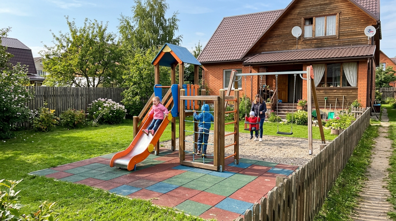 Зона для детей 3-7 лет: невысокая горка, качели, лазалка на мягком покрытии