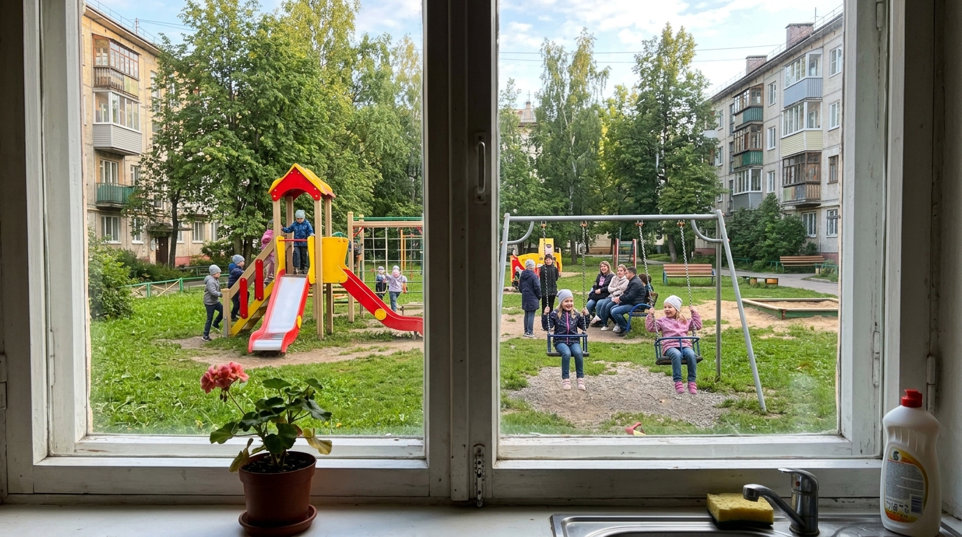 Вид из окна кухни на детскую площадку во дворе