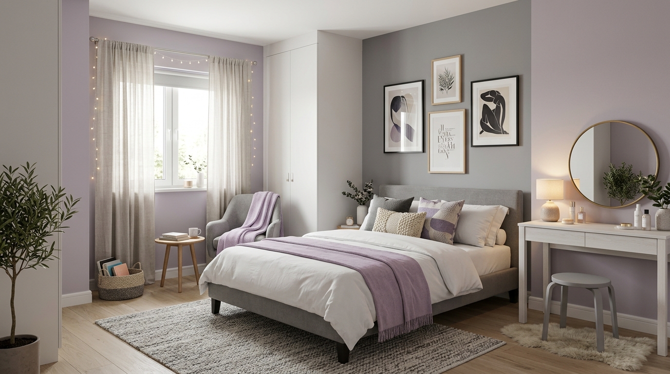 Комната для девочки-подростка: лавандово-серая палитра, современный стиль