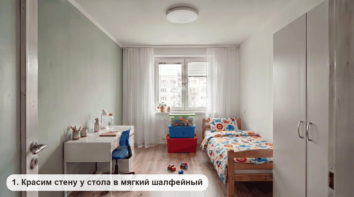 Детская со стеной мягкого шалфейного цвета у письменного стола