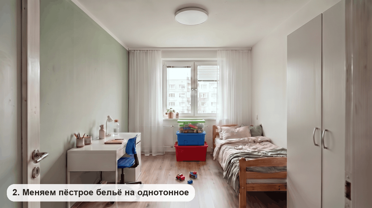 Односпальная кровать с однотонным бельем овсяного цвета и серо-зеленым покрывалом