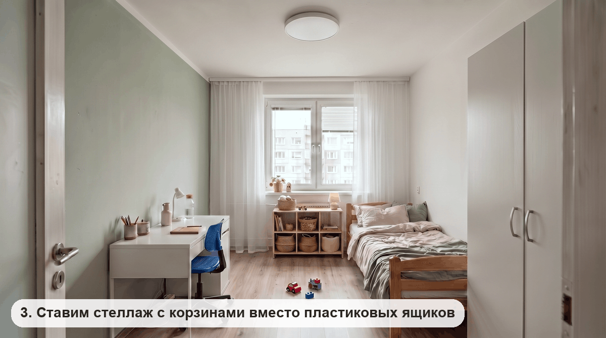 Низкий стеллаж цвета светлого дерева с плетеными корзинами и ночником под окном детской