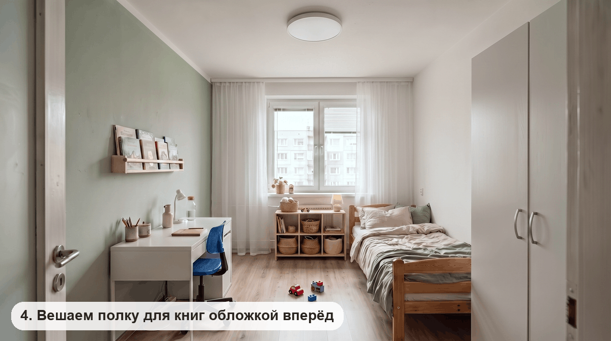 Узкая полочка над письменным столом на шалфейной стене, детские книги стоят обложкой вперед