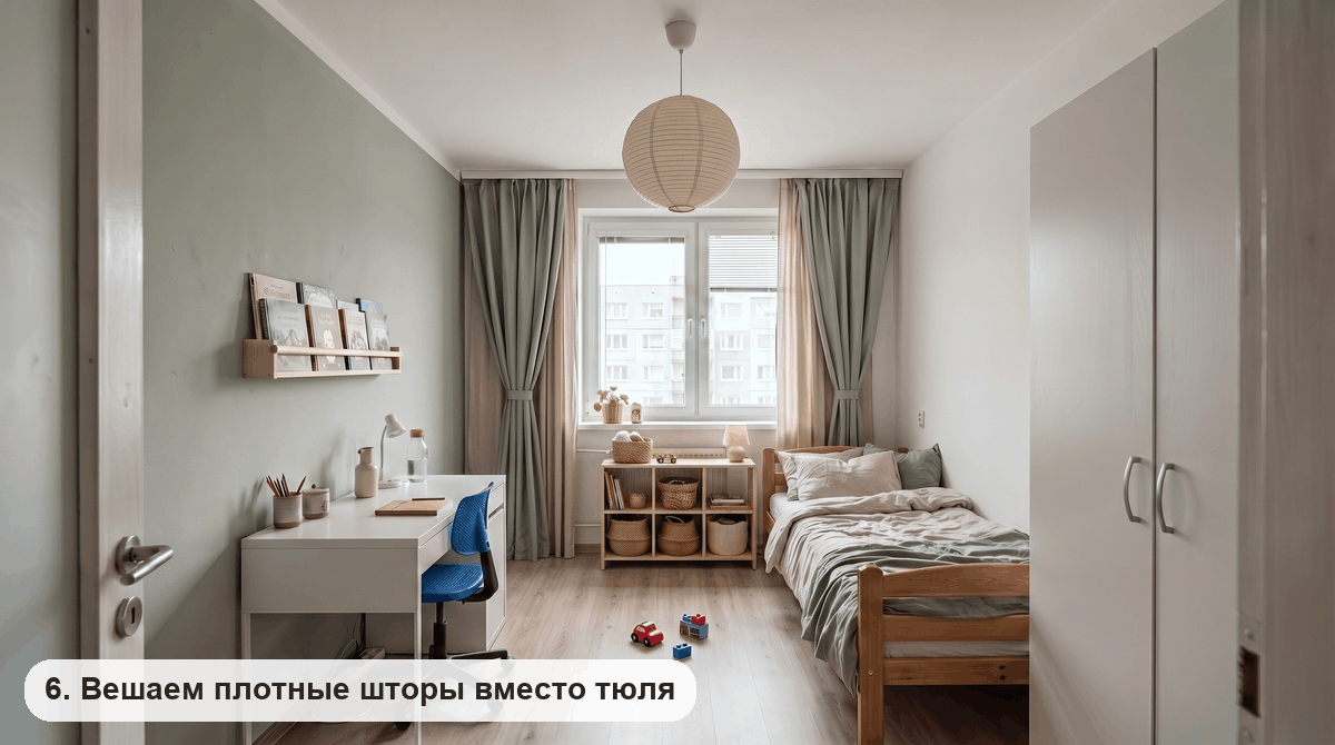 Окно детской с плотными шторами: шалфейные полотна снаружи, бежевые ближе к стеклу, на подхватах