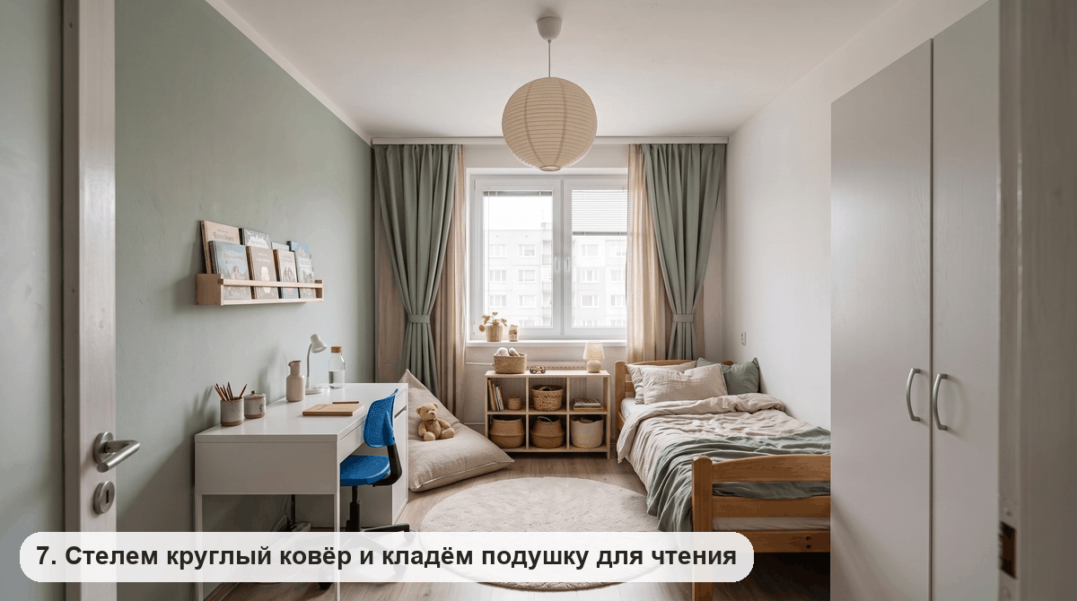 Круглый светлый ковер на полу детской и большая напольная подушка с плюшевым медведем в углу у стола